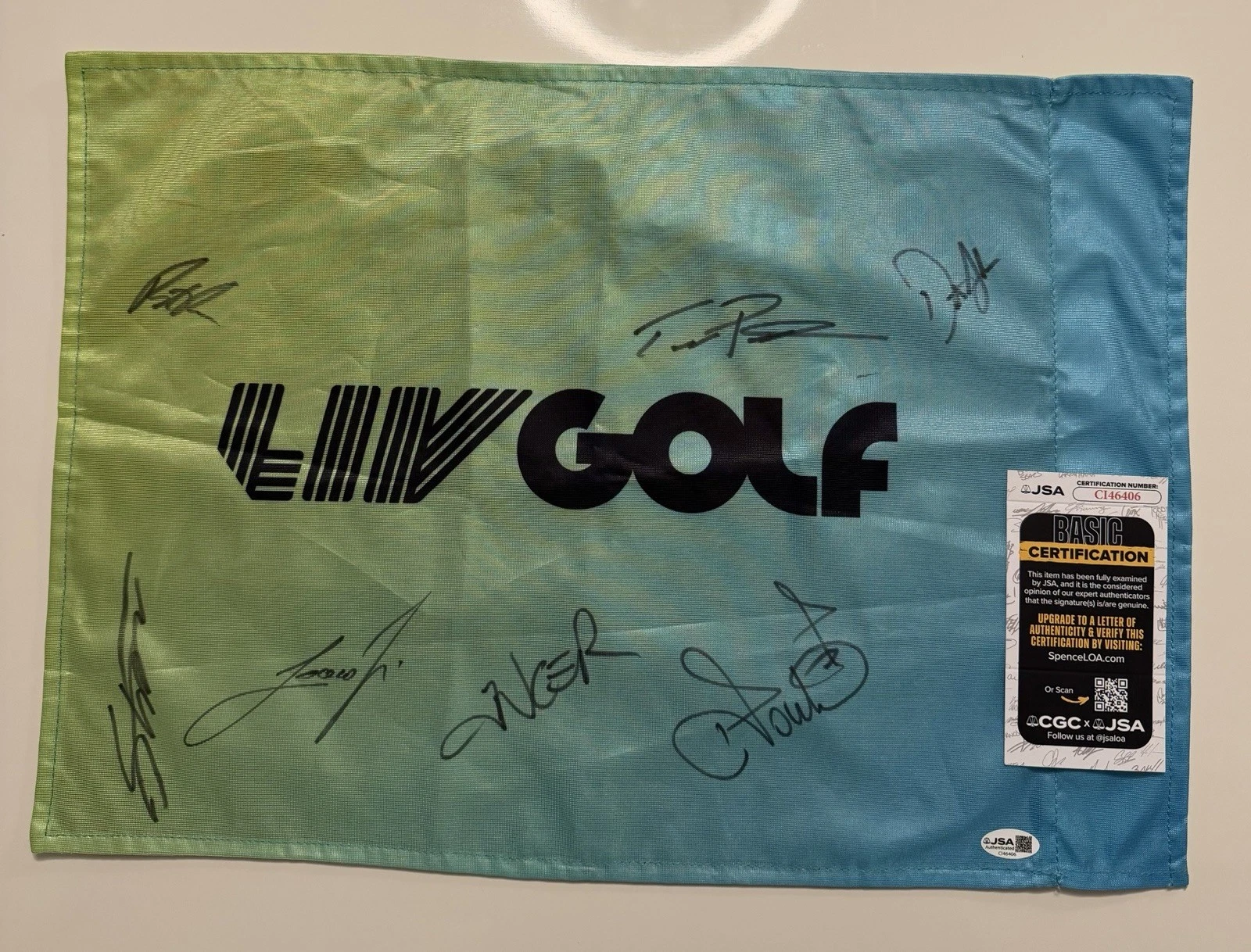 Dustin Johnson Patrick Reed Ancer Poulter More Autographed Liv Golf Flag JSA COA