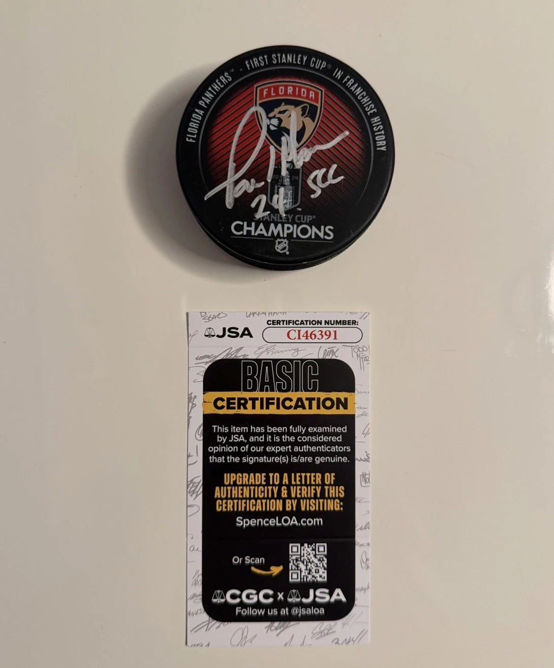 Paul Maurice Florida Panthers 2024 Stanley Cup Puck Inscribed 24 SCC JSA COA
