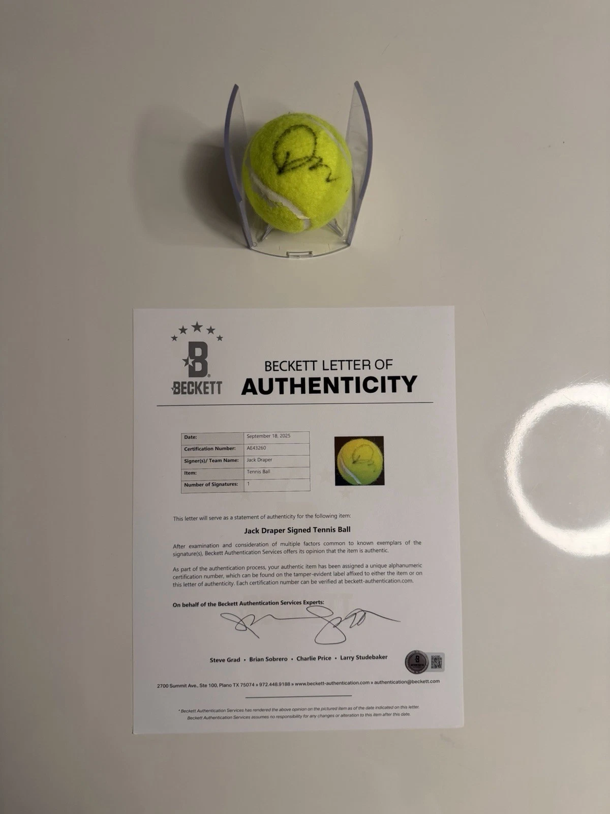 Jack Draper Autographed Penn 3 Tennis Ball Beckett BAS LOA COA