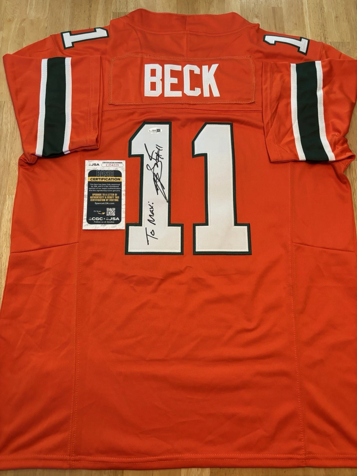 Carson Beck Signed Autographed Miami Hurricanes  Jersey. JSA Coa. INSCRIBED READ