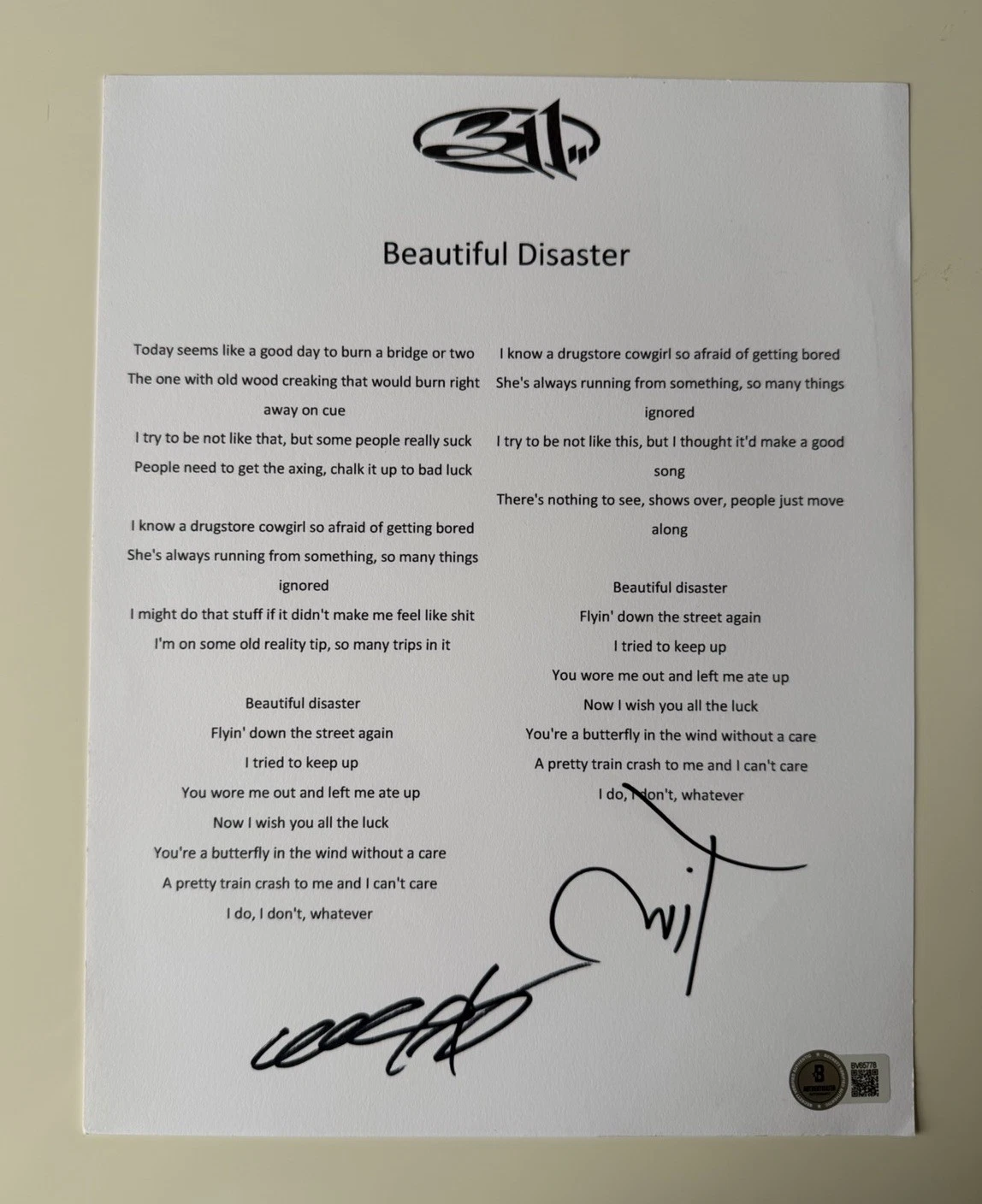 311 Band Autographed Beautiful Disaster Lyric Sheet Chad Sexton Mahoney Beckett
