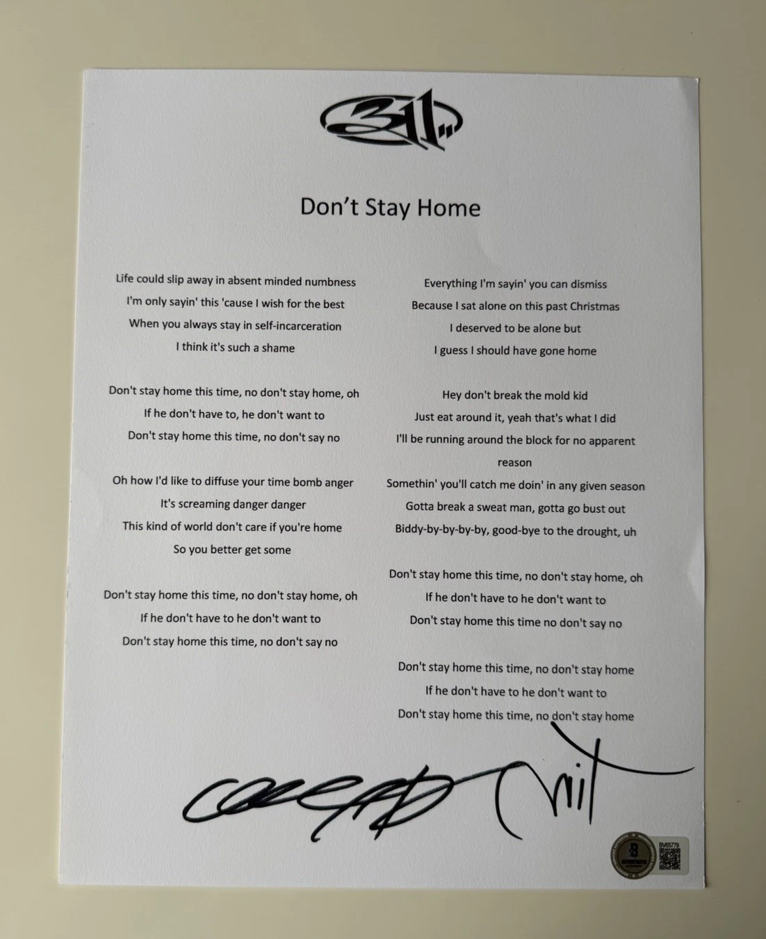 311 Band Autographed Don’t Stay Home Lyric Sheet Chad Sexton Mahoney Beckett