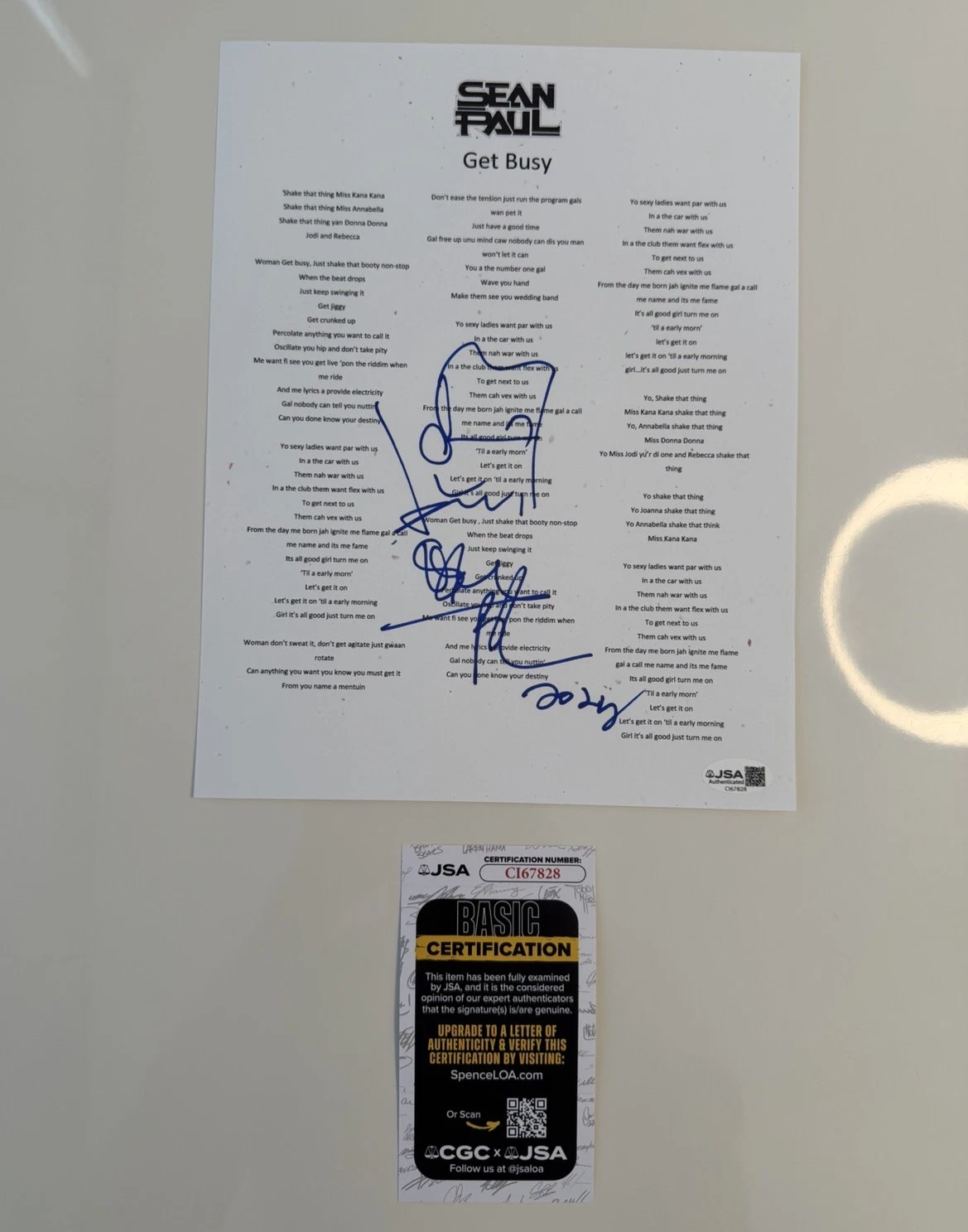 Sean Paul Autographed “Get Busy” Lyric Sheet Sketch JSA COA