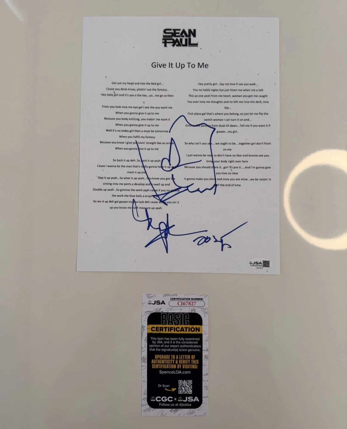 Sean Paul Autographed “Give It Up To Me” Lyric Sheet Sketch JSA COA