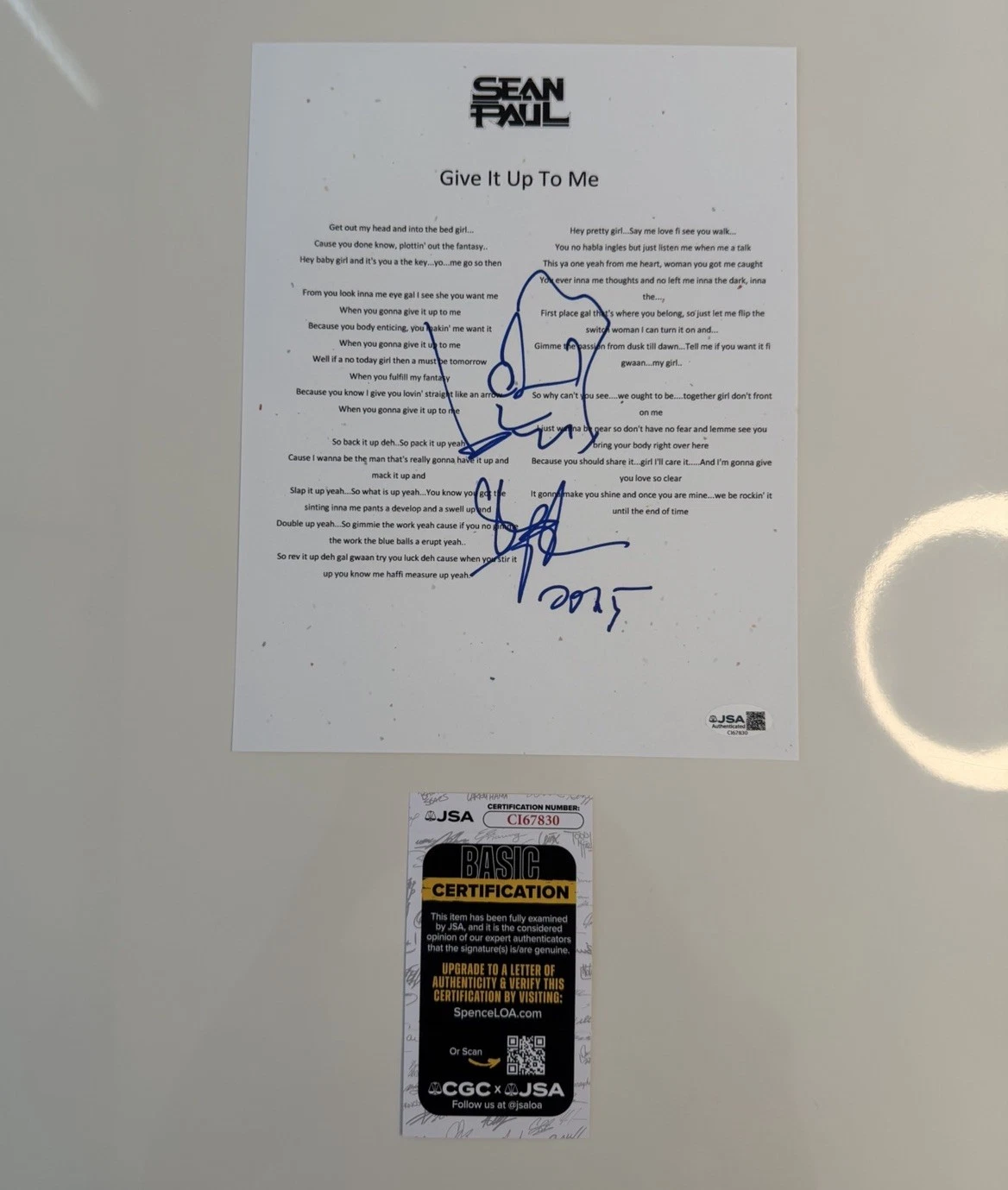 Sean Paul Autographed “Give It Up To Me” Lyric Sheet Sketch JSA COA