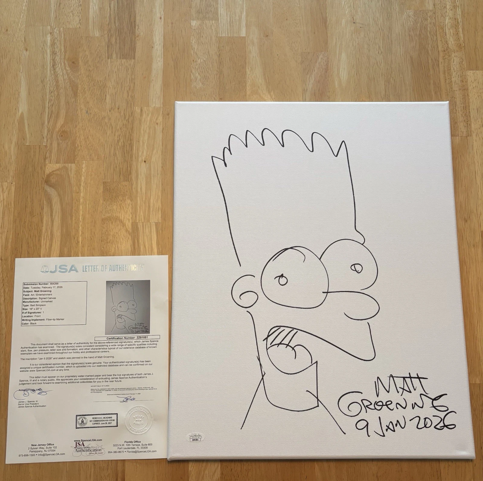 Matt Groening Signed 16x20 Canvas Bart Simpson Sketch JSA LOA