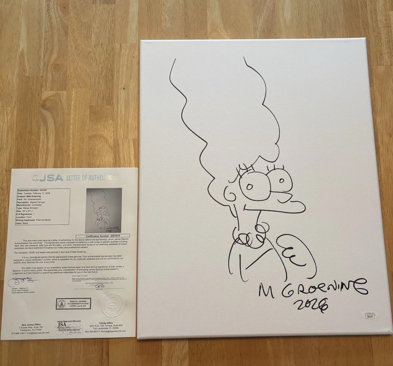 Matt Groening Signed 16x20 Canvas Marge Simpson Sketch JSA LOA