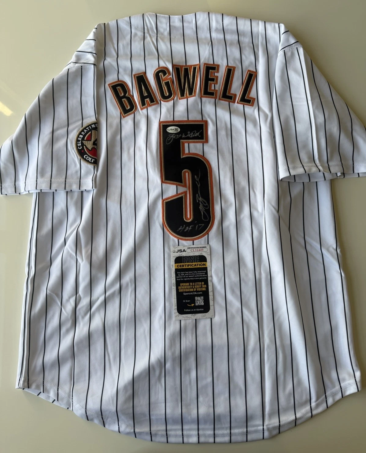 Jeff Bagwell Houston Astros Autographed Jersey Inscribed HOF 17 JSA COA