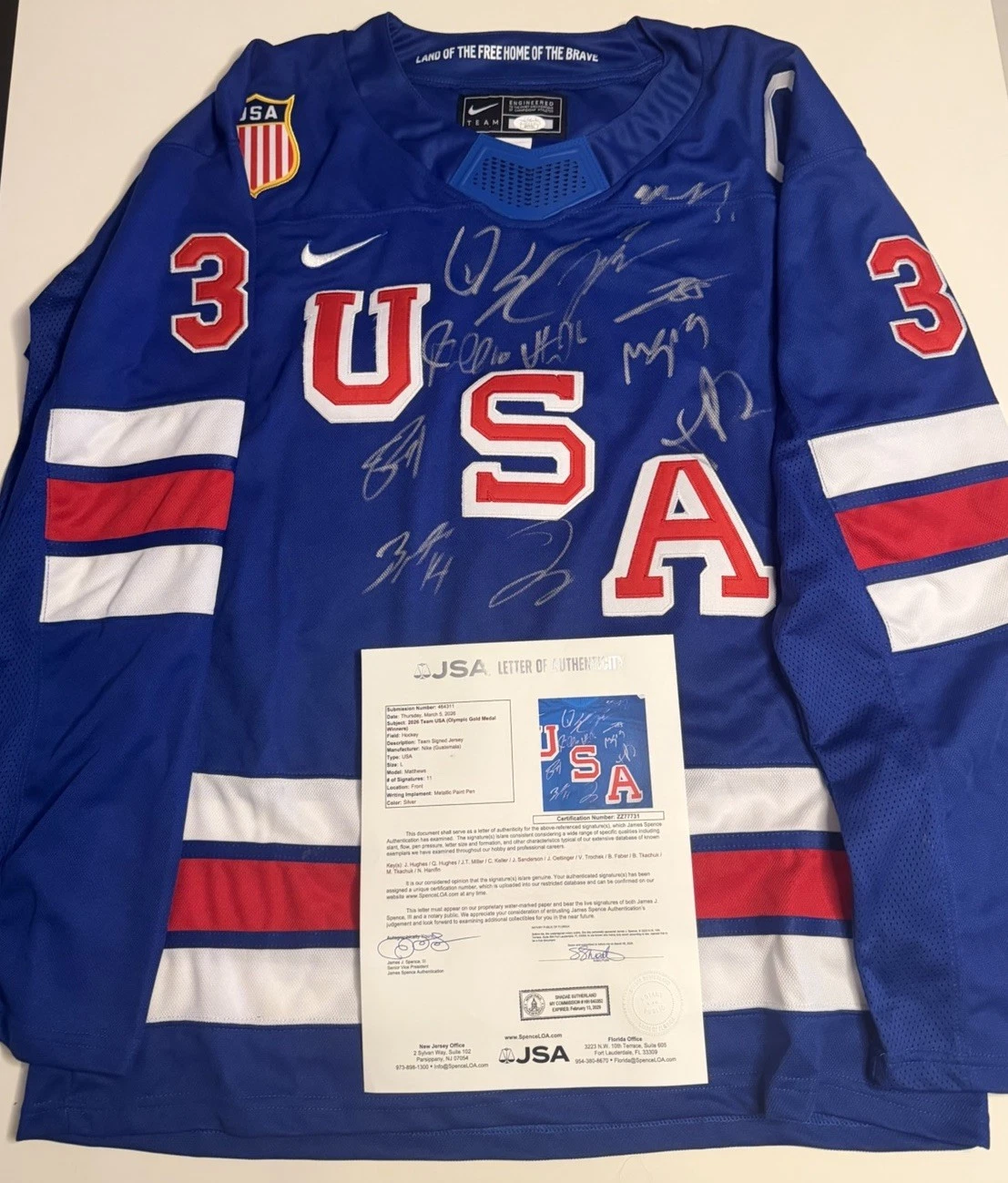 Team USA Hockey Autographed 26 Olympics Jersey Hughes Tkachuk Brothers +More JSA