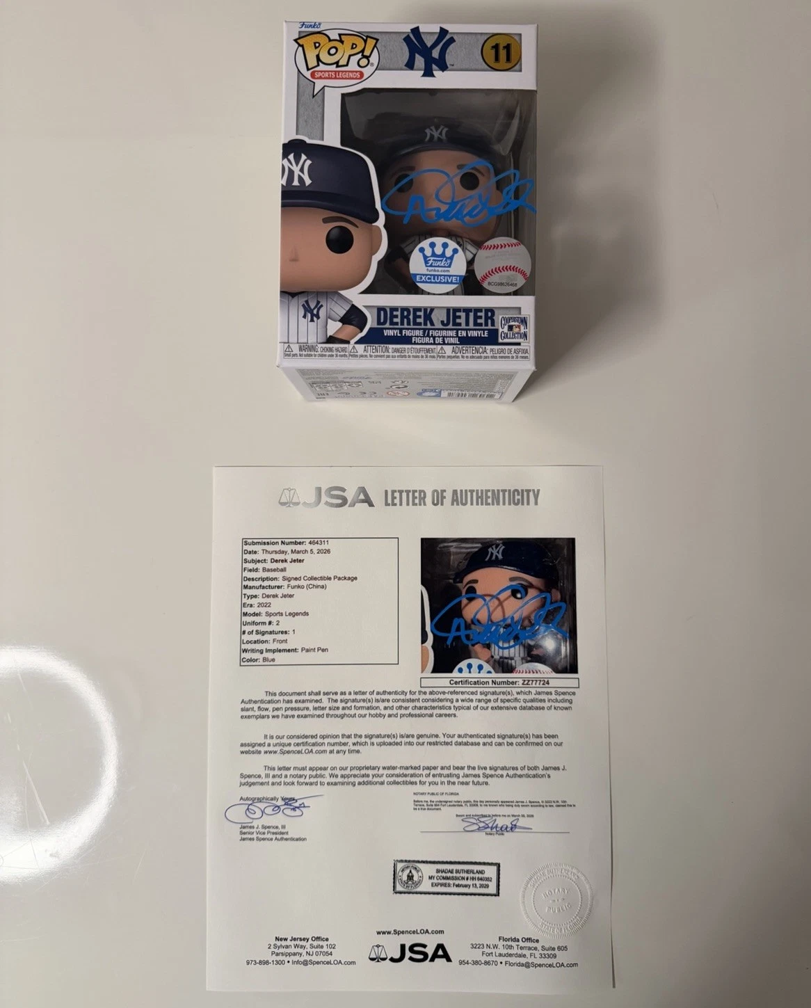 Derek Jeter New York Yankees Autographed Exclusive Funko Pop #11 HOF JSA LOA