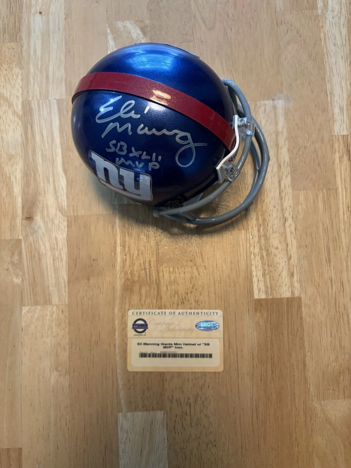Eli Manning Signed Autographed Inscribed Mini Helmet. Super Bowl XLII. Steiner