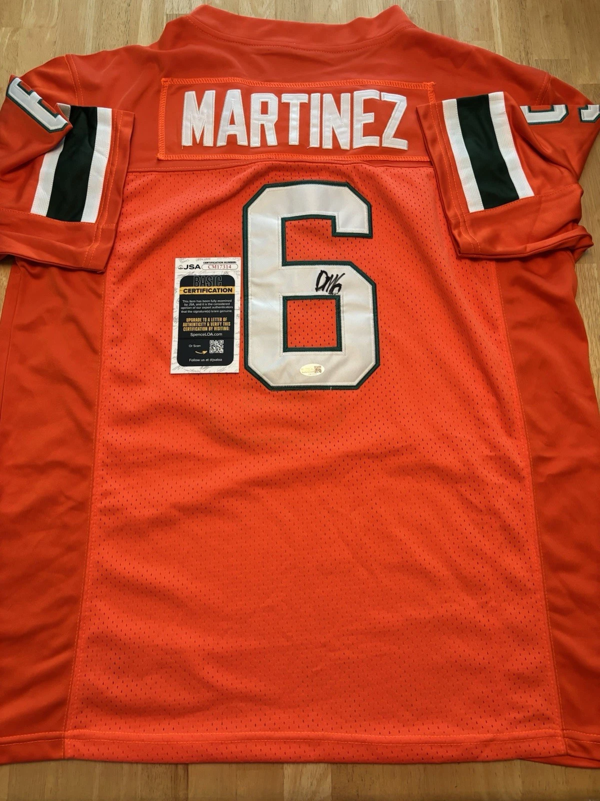 Damien Martinez Signed Autographed Miami Hurricanes Jersey. JSA Coa
