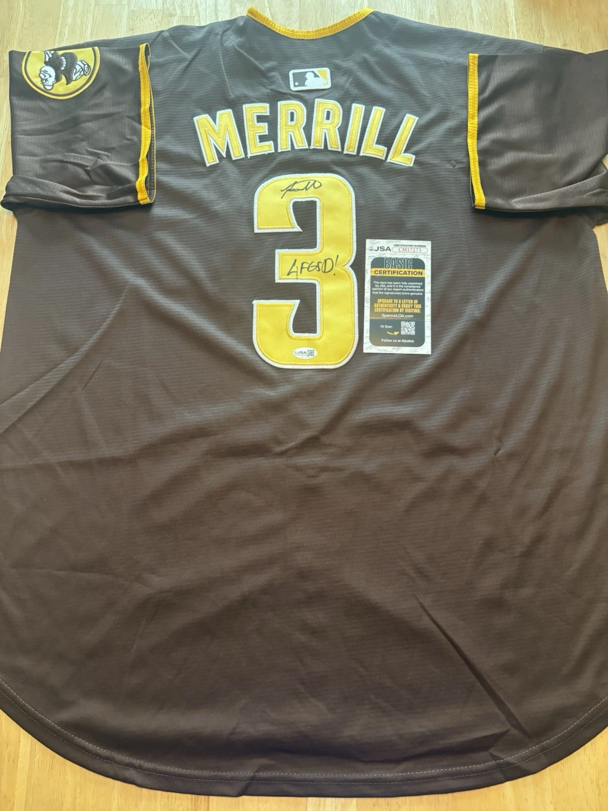 JACKSON MERRILL Signed AUTOGRAPHED Inscribed San Diego Padres Jersey. JSA Coa