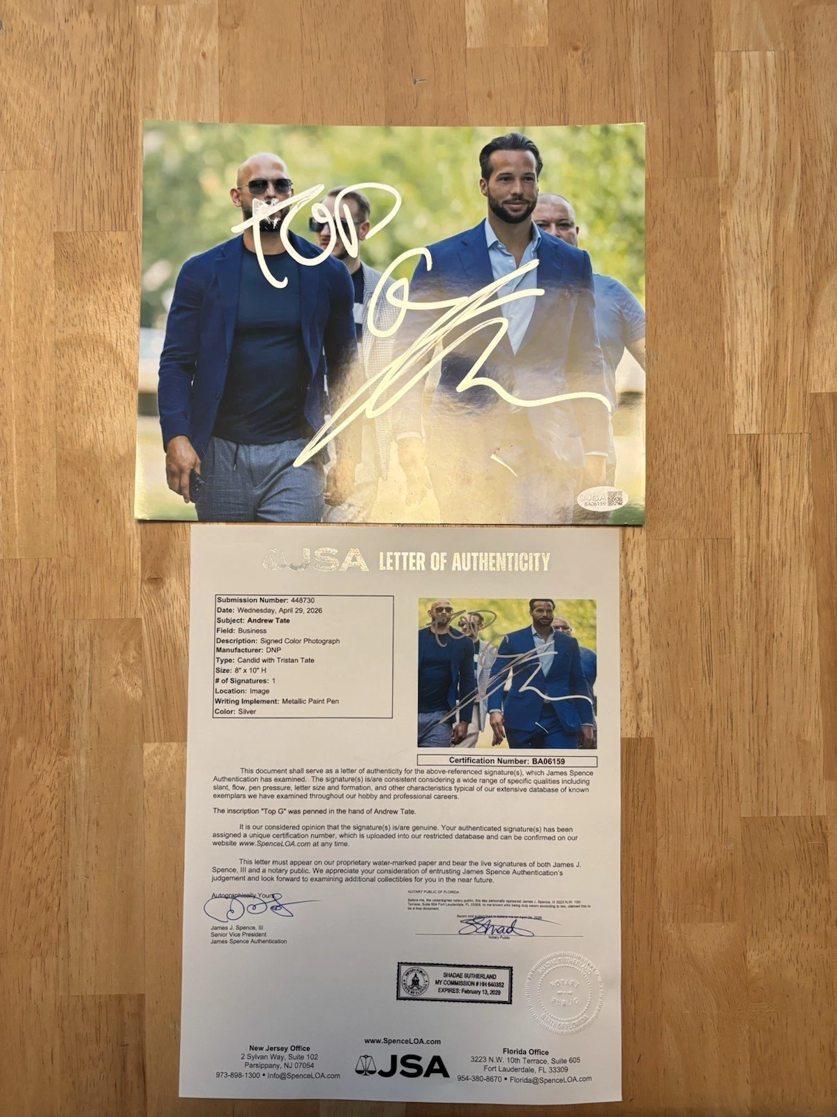 Top G Andrew Tate Signed Autographed 8x10 Photo Jsa Ioa