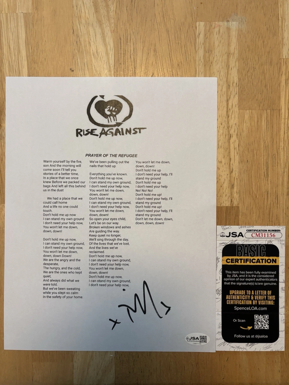 Tim McIlrath Rise Against Signed Autographed Lyric Sheet Jsa Coa