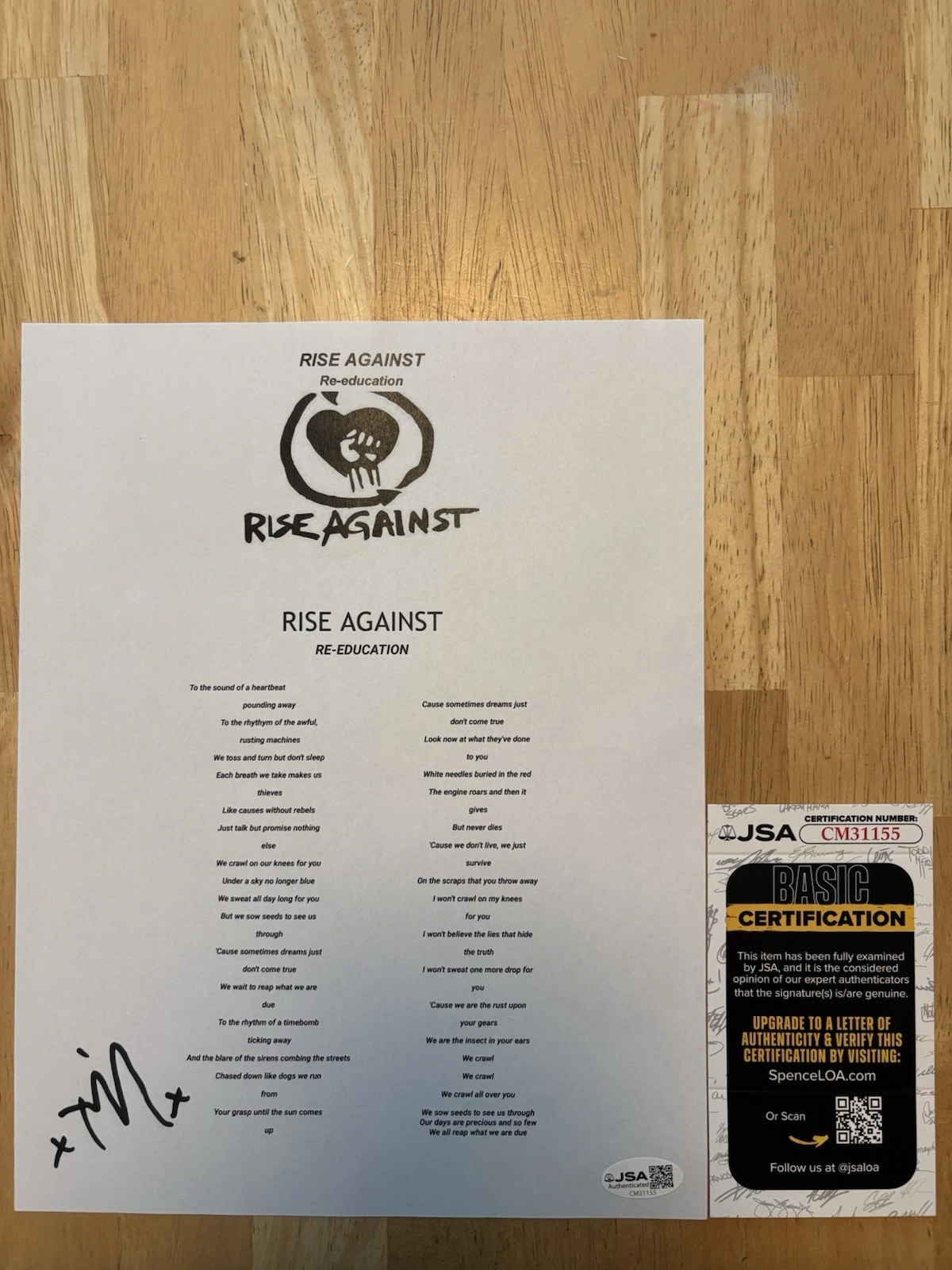 Tim McIlrath Rise Against Signed Autographed Lyric Sheet Jsa Coa
