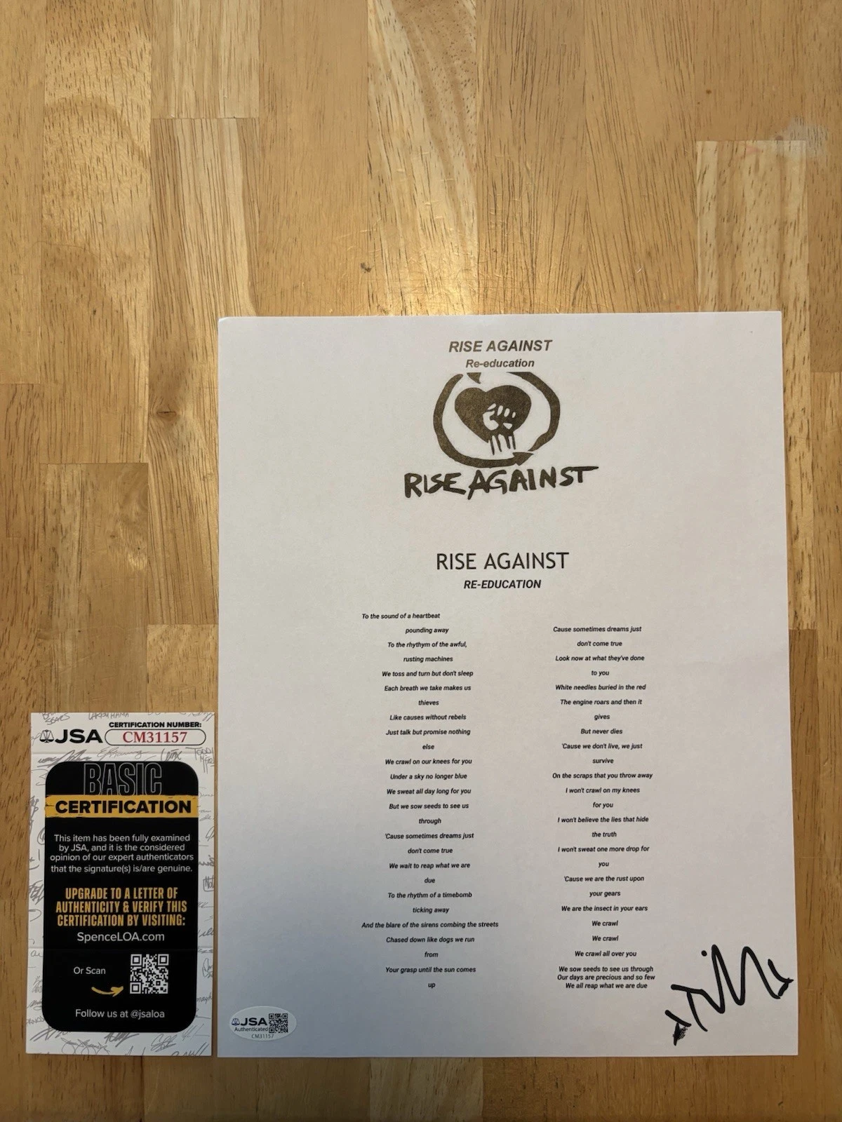 Tim McIlrath Rise Against Signed Autographed Lyric Sheet Jsa Coa