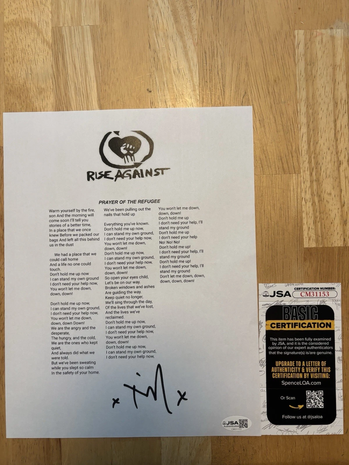 Tim McIlrath Rise Against Signed Autographed Lyric Sheet Jsa Coa