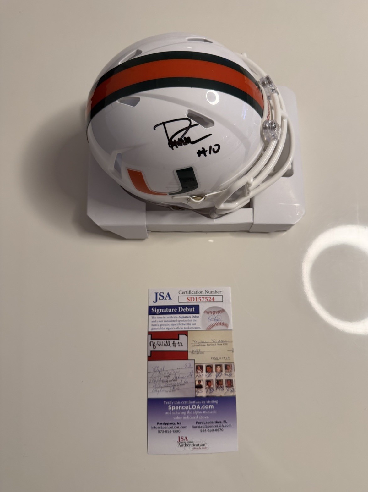 Darian Mensah Miami Hurricanes Autographed Mini Helmet Signature Debut JSA COA