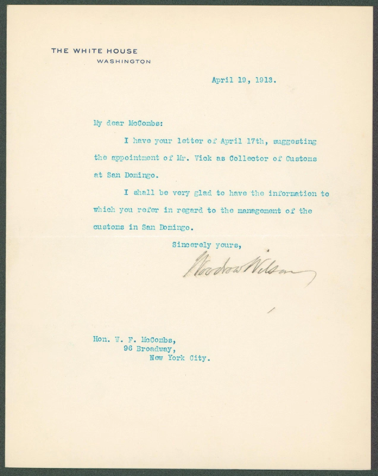 Woodrow Wilson Authentic Signed 7x8.8 Letter Dated April 19, 1913 BAS #AB14533