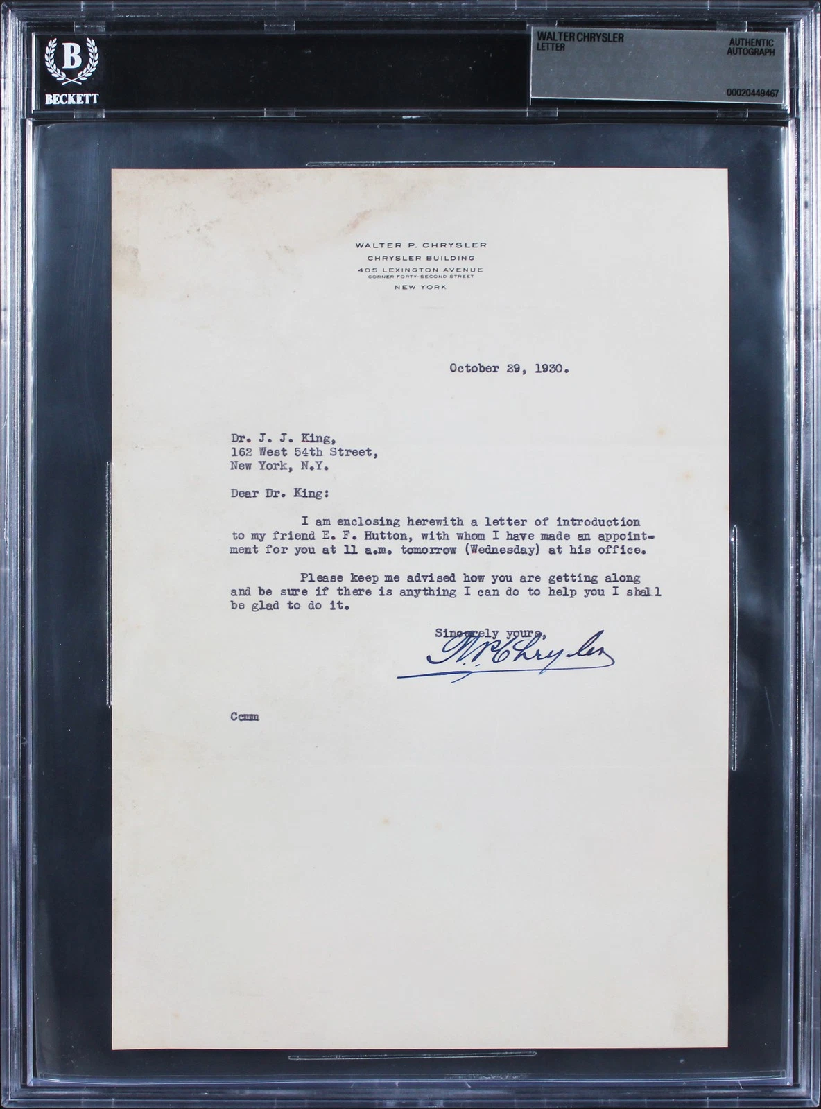 Walter Chrysler Authentic Signed 7.25x10.35 1930 Typed Letter BAS Slabbed