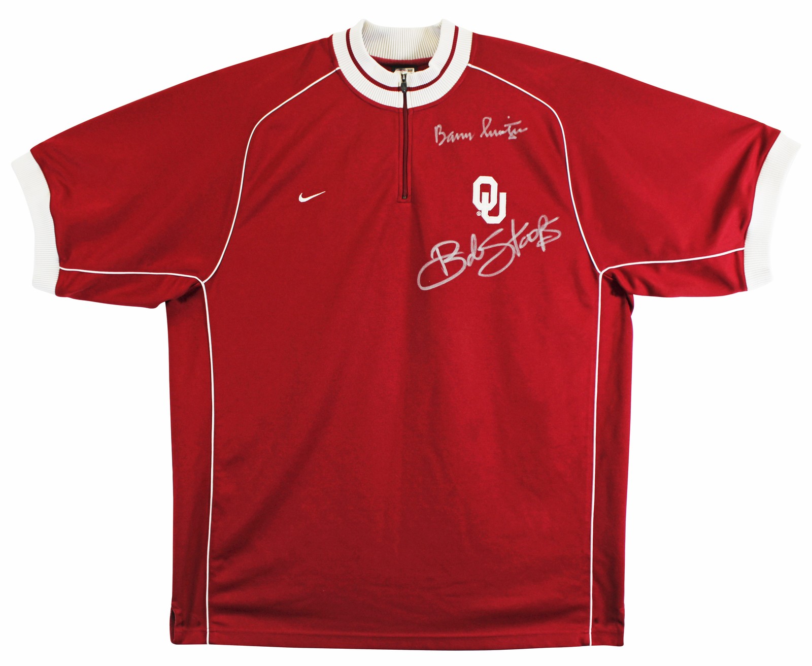 OU Bob Stoops & Barry Switzer Signed Maroon Nike 1/4 Zip Pullover Jacket BAS Wit