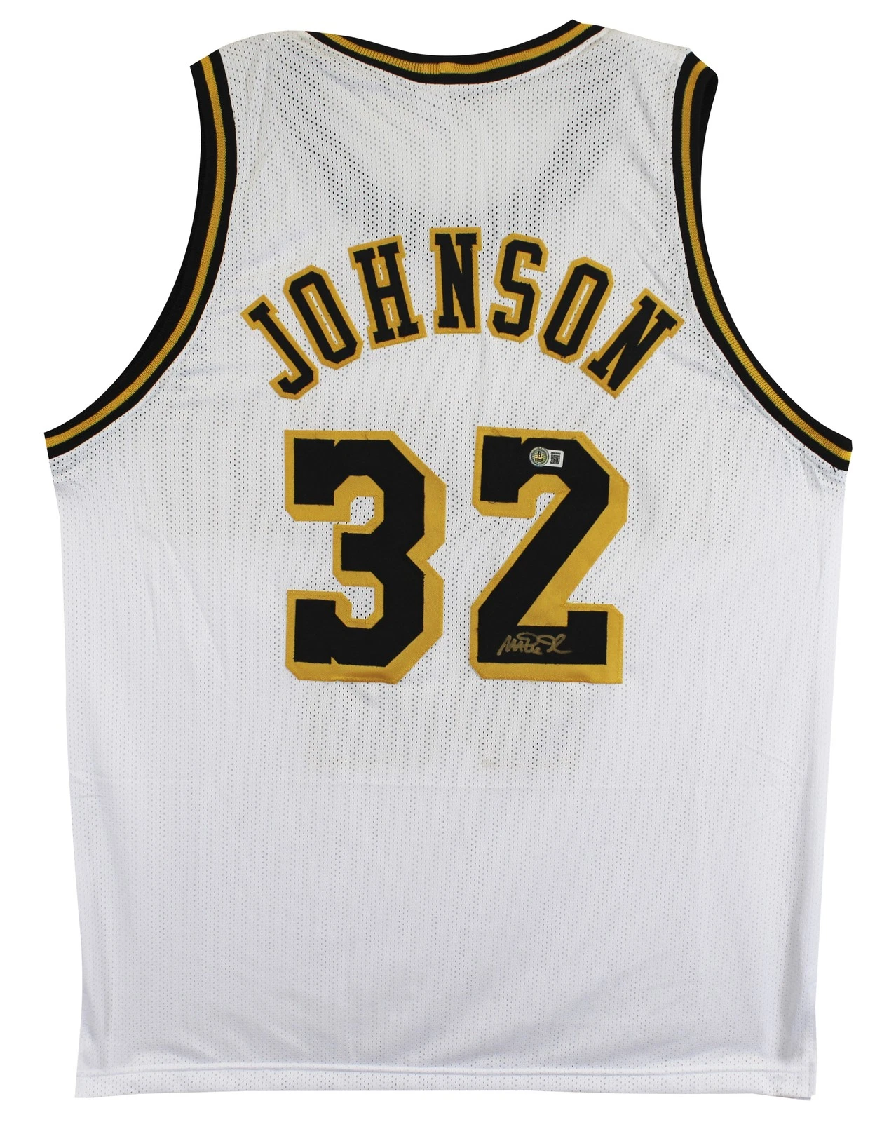 Magic Johnson Signed White Pro Style Jersey w/ Black Numbers BAS Witnessed 2