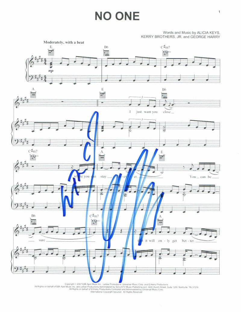 ALICIA KEYS SIGNED AUTOGRAPH NO ONE SHEET MUSIC - SEXY SINGER, SONGS IN A MIRROR