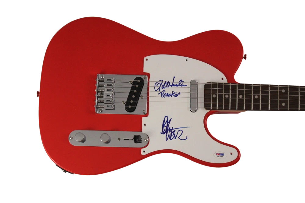 BOB WEIR & ROBERT HUNTER SIGNED AUTOGRAPH RED FENDER GUITAR GRATEFUL DEAD W/ PSA