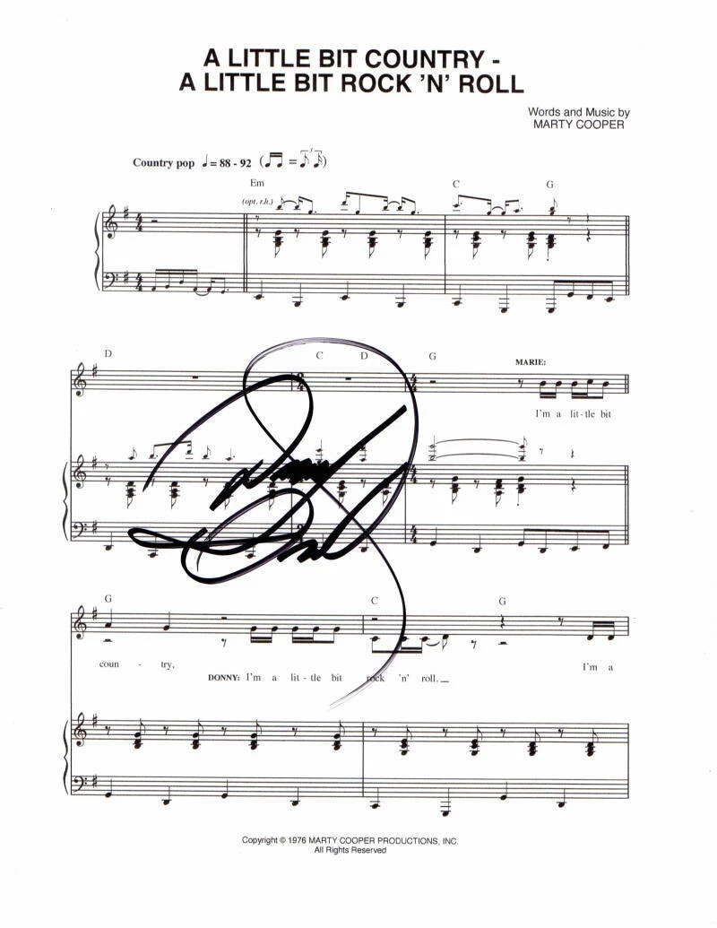 DONNY OSMOND SIGNED AUTOGRAPH A LITTLE BIT COUNTRY SHEET MUSIC - DONNY & MARIE