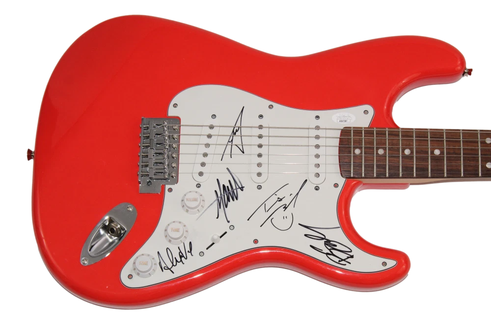 ATREYU FULL BAND X5 SIGNED AUTOGRAPH RED FENDER ELECTRIC GUITAR RARE! W/ JSA COA