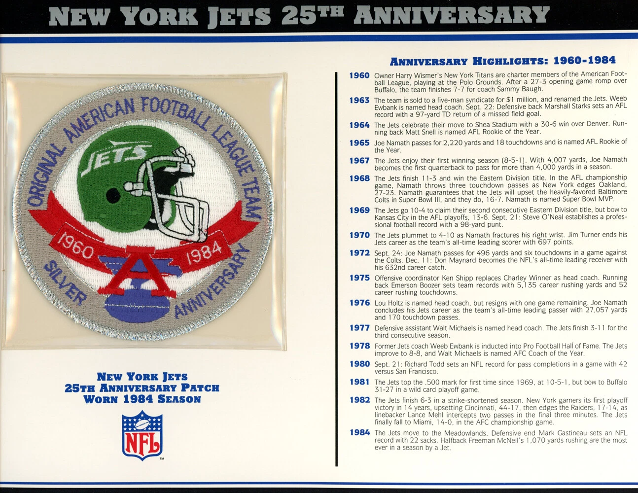 New York Jets 25th Anniversary Patch Stat Card Official Willabee & Ward 36748