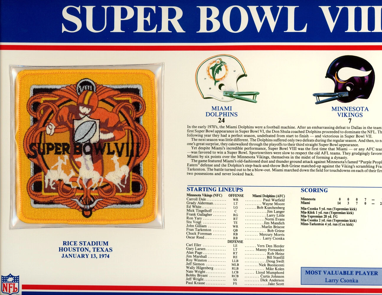 Super Bowl VIII Patch Stat Card Official Willabee & Ward 35702
