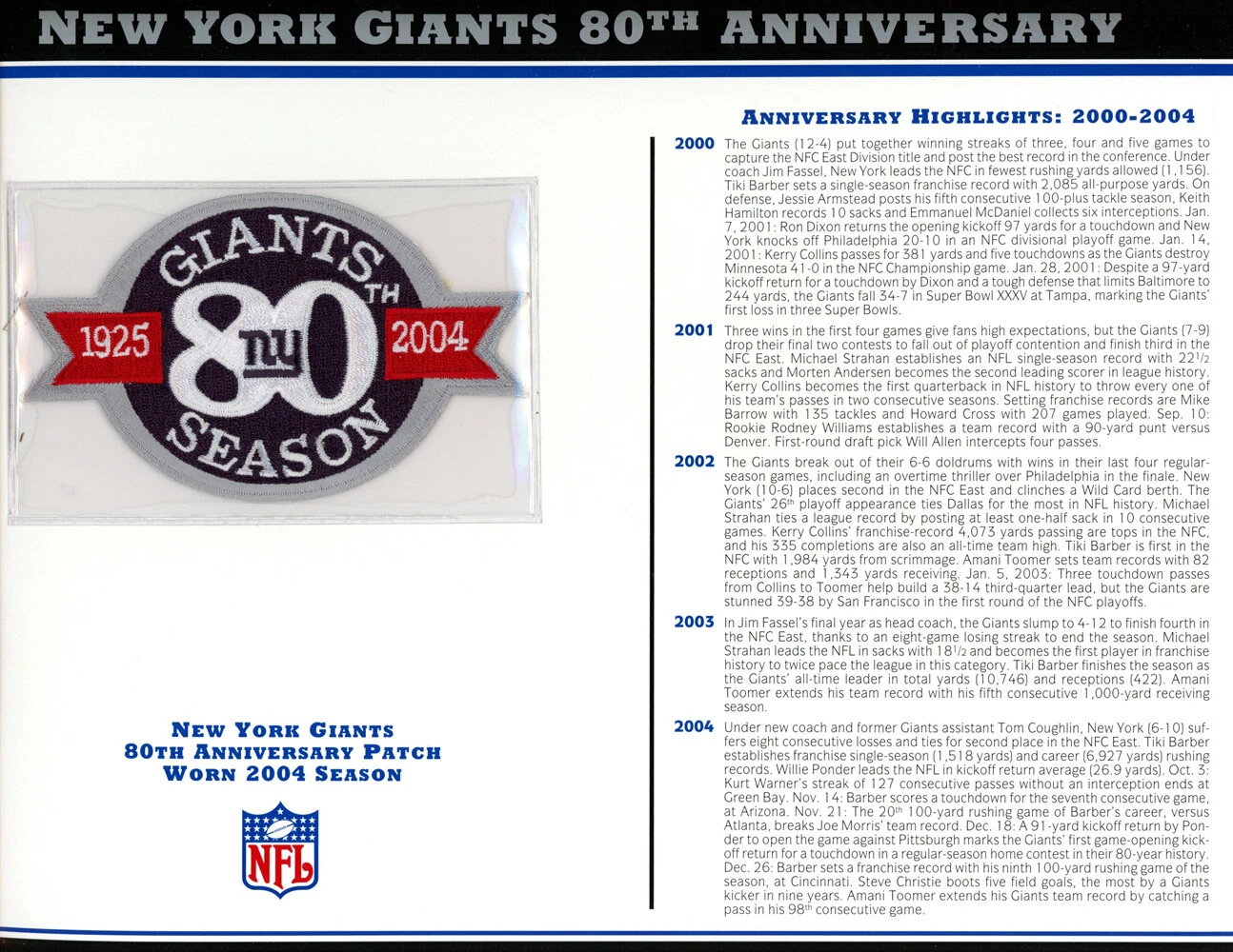 New York Giants 80th Anniversary Patch Stat Card Official Willabee & Ward 36700