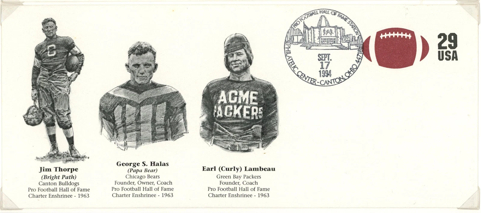 Thorpe, Halas & Lambeau Sept 17, 1994 Hall of Fame Cachet Envelope 42587