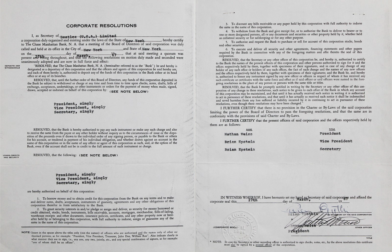 Brian Epstein The Beatles Signed 4 Page 8.5x11 1967 Contract BAS #AE13886