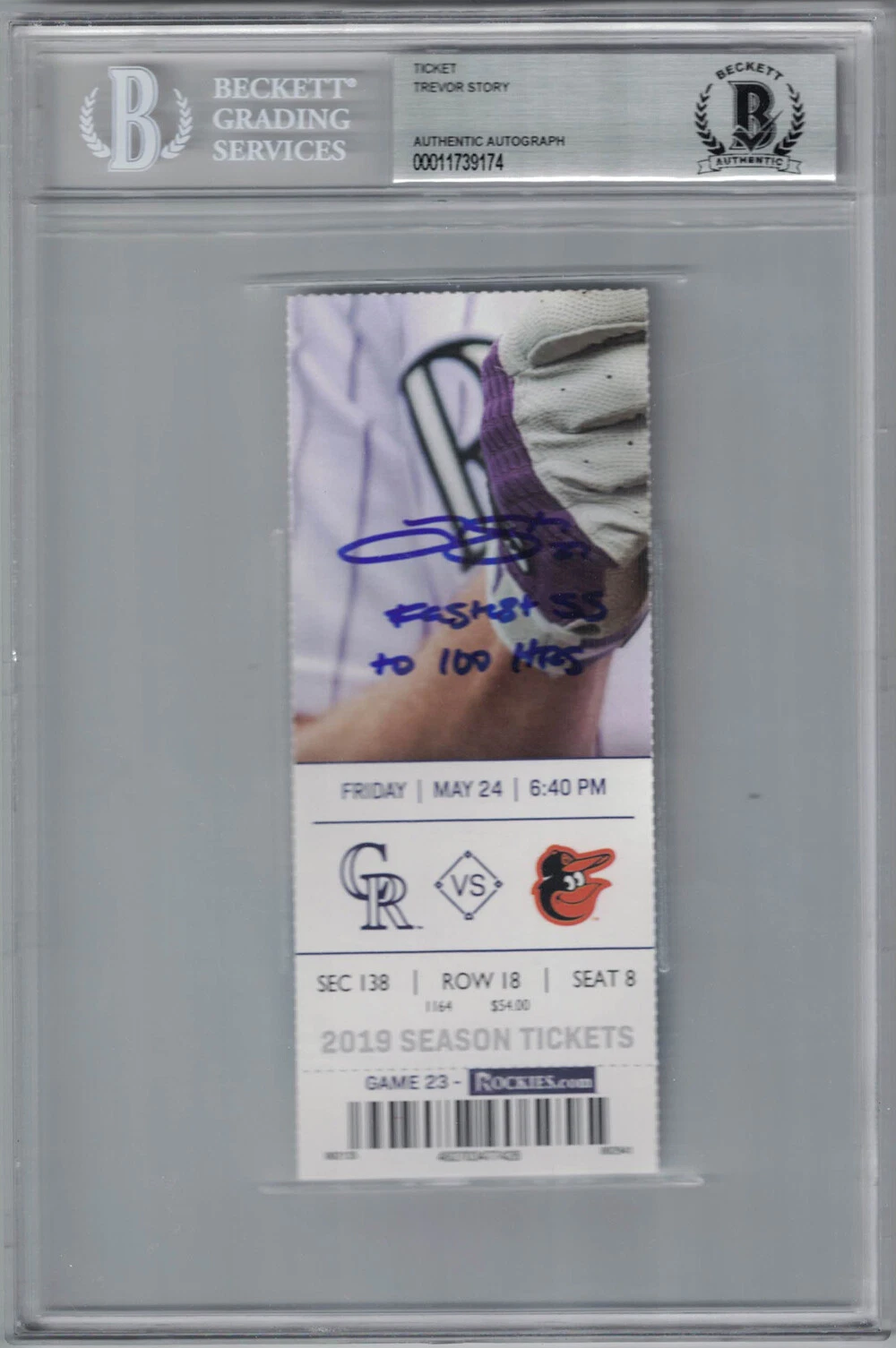 Trevor Story Autographed Colorado Rockies Ticket Fastest SS to 100 HRs BAS 26022