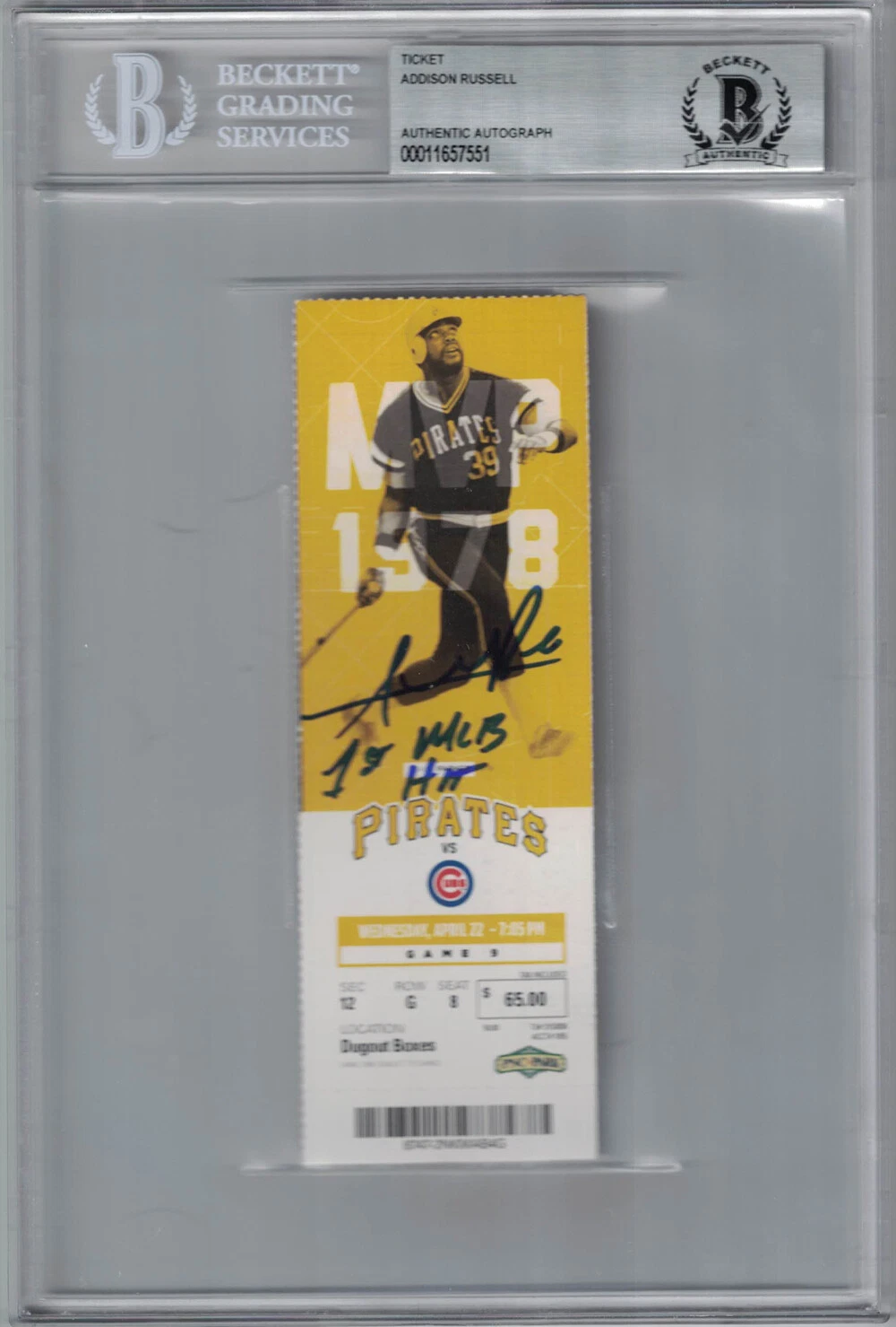 Addison Russell Autographed Chicago Cubs Ticket 1st MLB Hit BAS Slab 25282