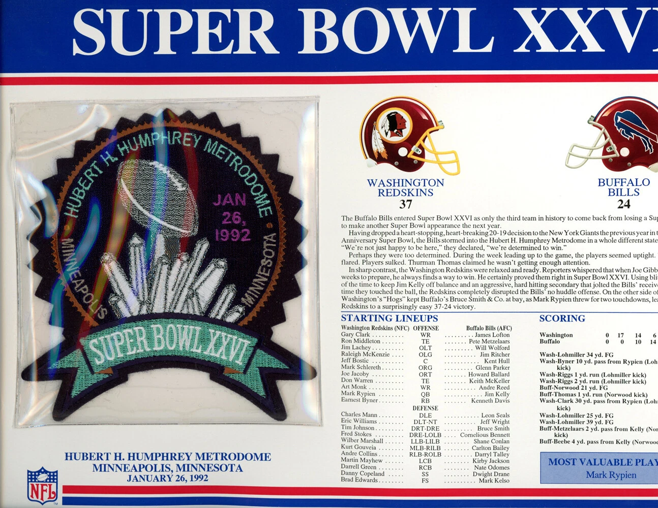 Super Bowl XXVI Patch Stat Card Official Willabee & Ward 35720