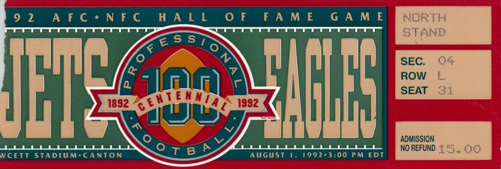 1992 Hall Of Fame Game Ticket New York Jets vs Philadelphia Eagles 37545