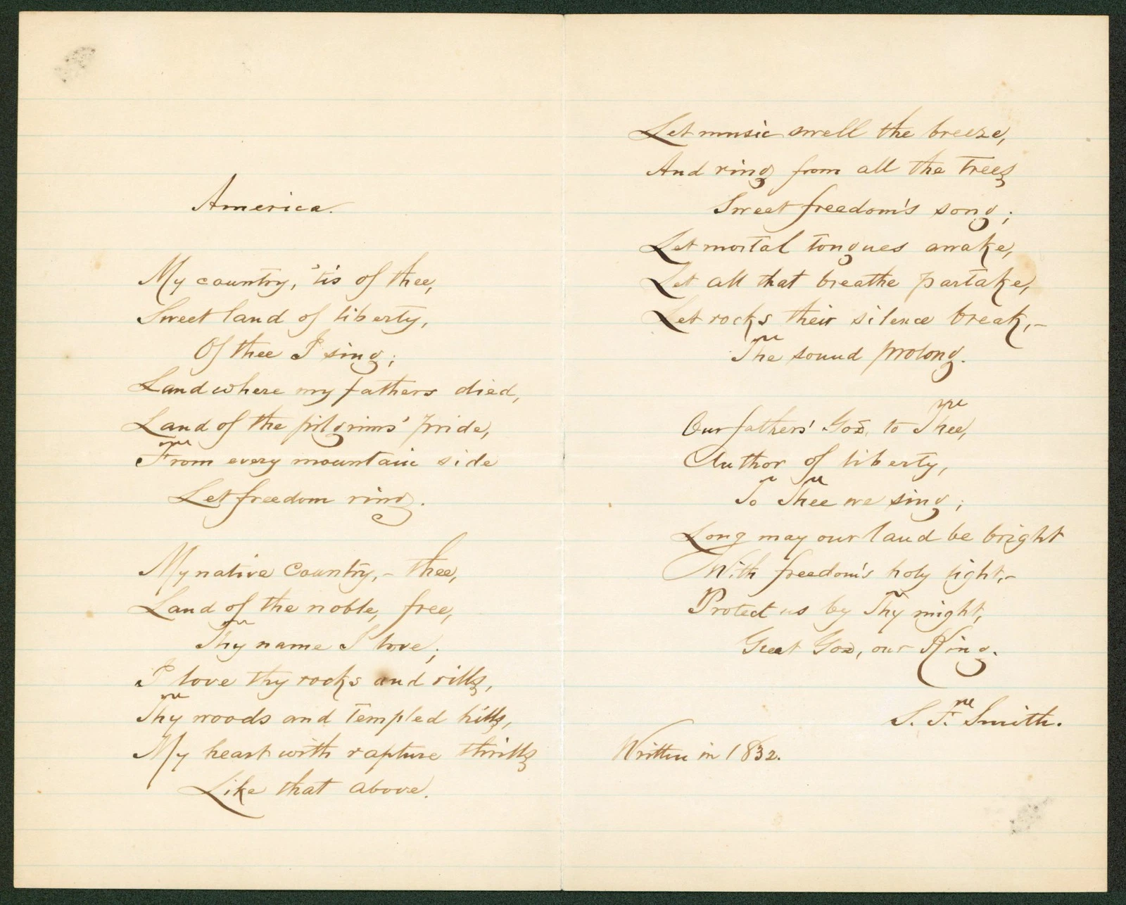 Samuel Francis Smith Signed 8x10 Hand Written Poem Auto Graded 9! BAS #AB14002