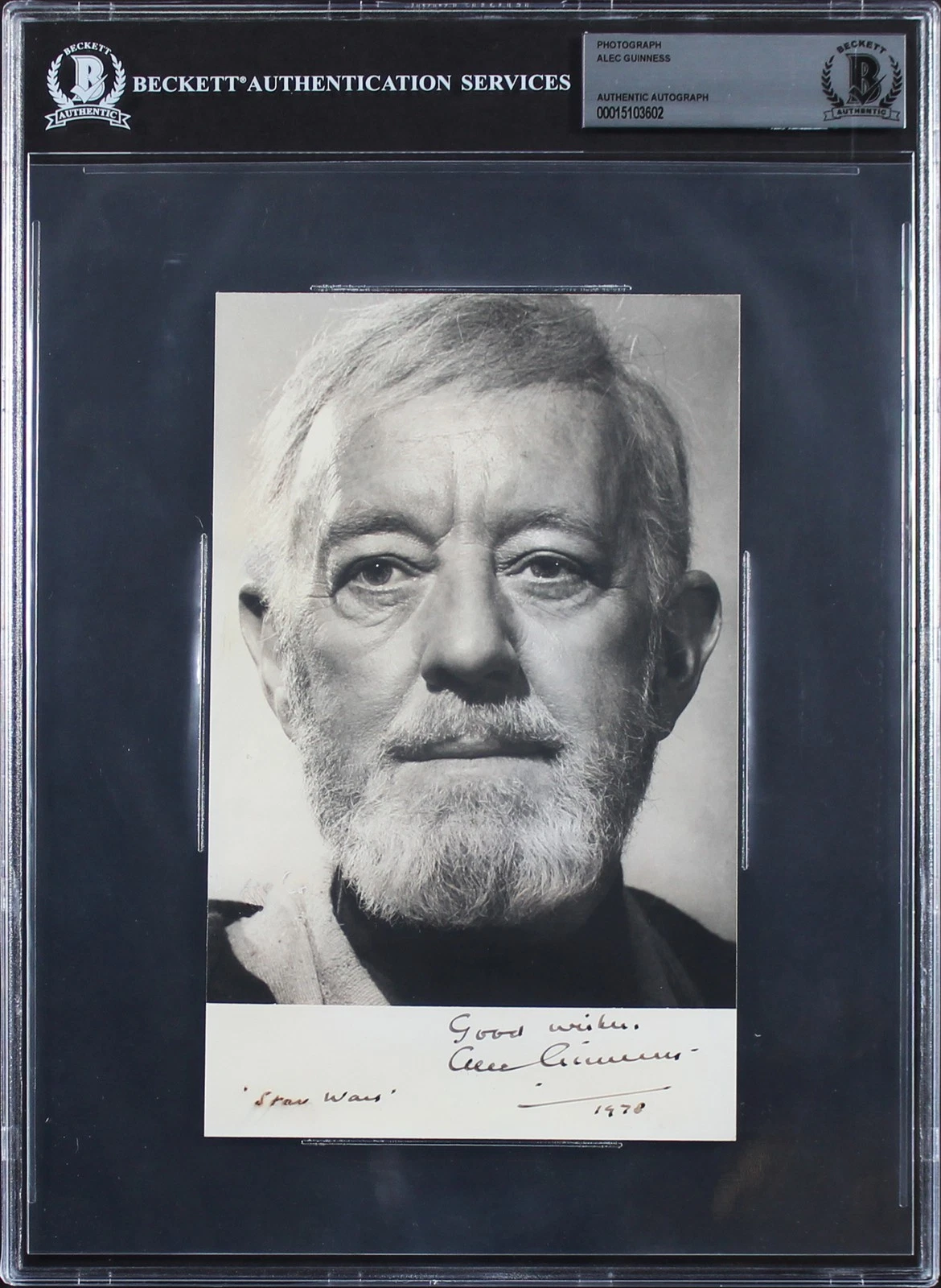 ALEC GUINNESS “STAR WARS, GOOD WISHES 1978” SIGNED B&W 5×8 PHOTO BAS SLABBED COLLECTIBLE MEMORABILIA