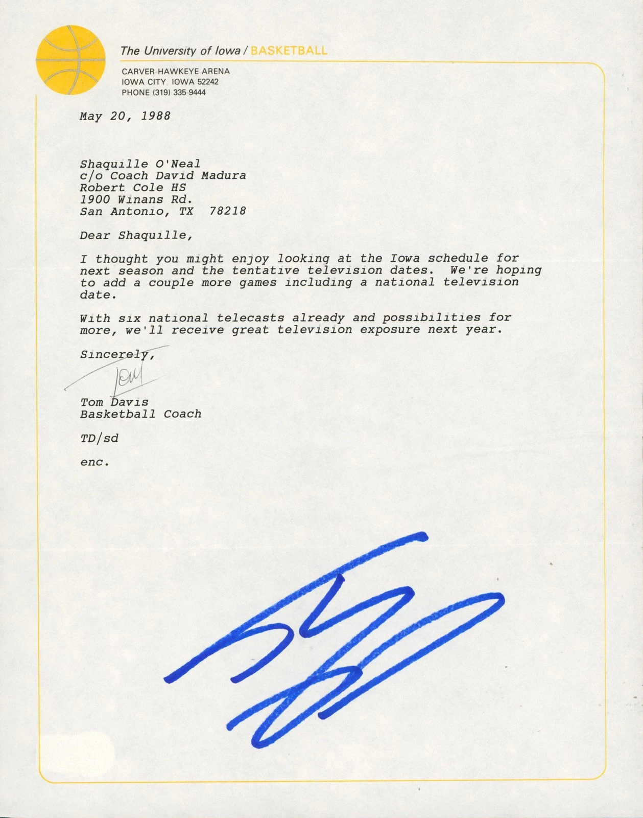 Shaquille O'Neal & Tom Davis Signed 1988 Iowa University Envelope & Letter BAS