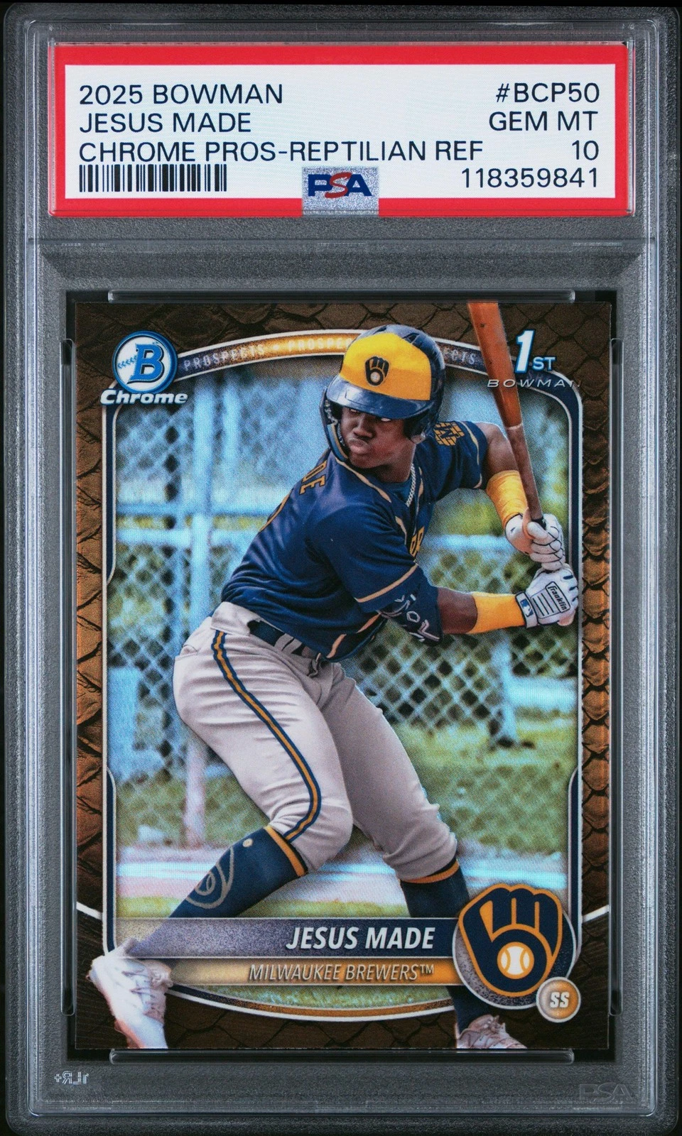 Graded 2025 Bowman Jesus Made #BCP50 Reptilian Refractor RC Baseball Card PSA 10