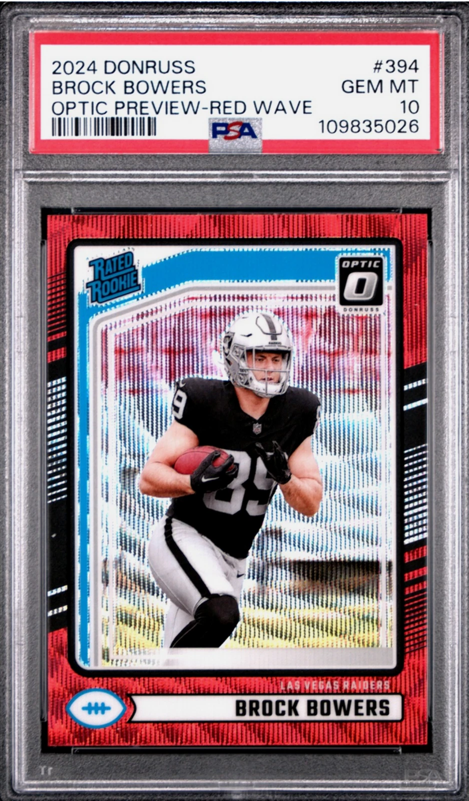 Graded 2024 Panini Donruss Brock Bowers #394 Optic Red Wave Rookie Card PSA 10
