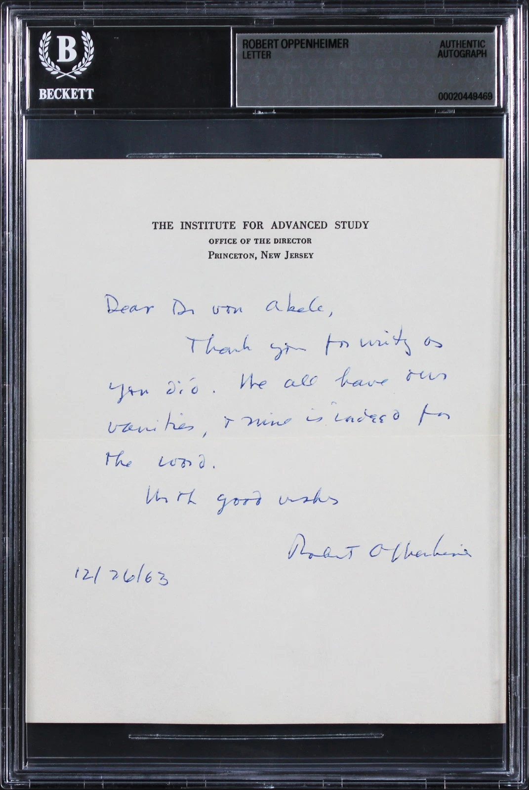 ROBERT OPPENHEIMER SIGNED 5.5×6.5 12/26/1963 HANDWRITTEN LETTER BAS SLABBED COLLECTIBLE MEMORABILIA