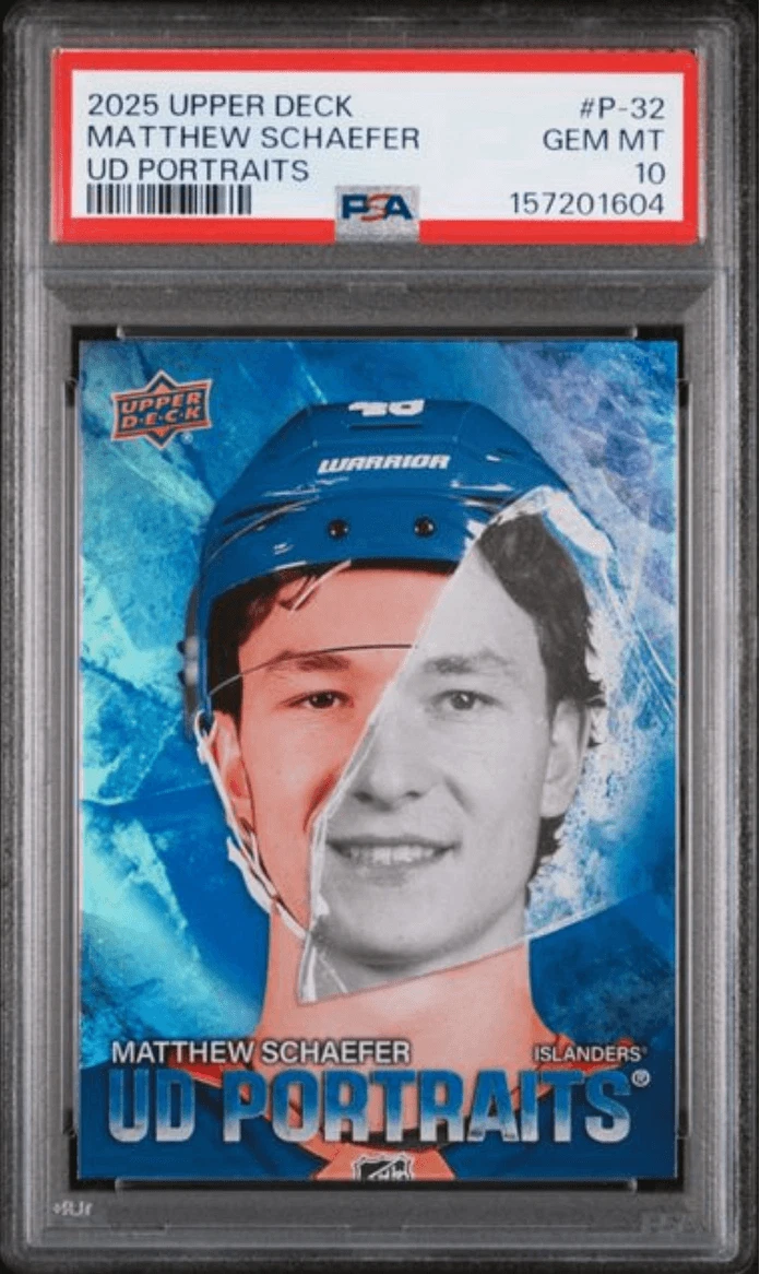 Graded 2025 UD Matthew Schaeffer #P32 UD Portraits RC Hockey Card PSA 10