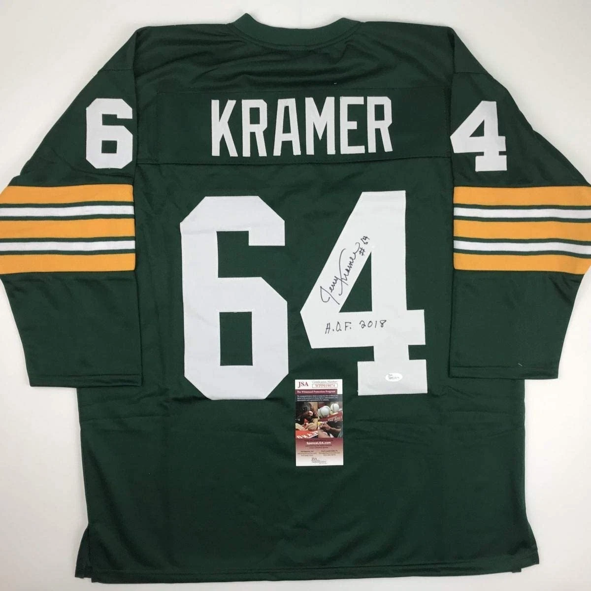 Autographed/Signed JERRY KRAMER HOF 18 Green Bay Green Jersey JSA COA