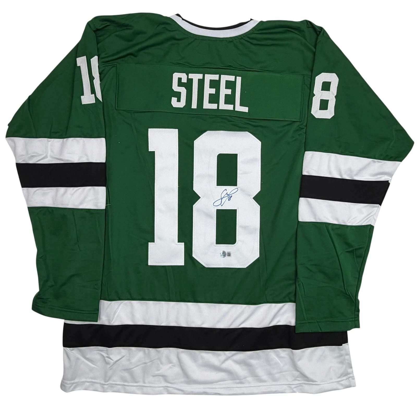 Autographed/Signed Sam Steel Dallas Green Hockey Jersey Beckett BAS COA