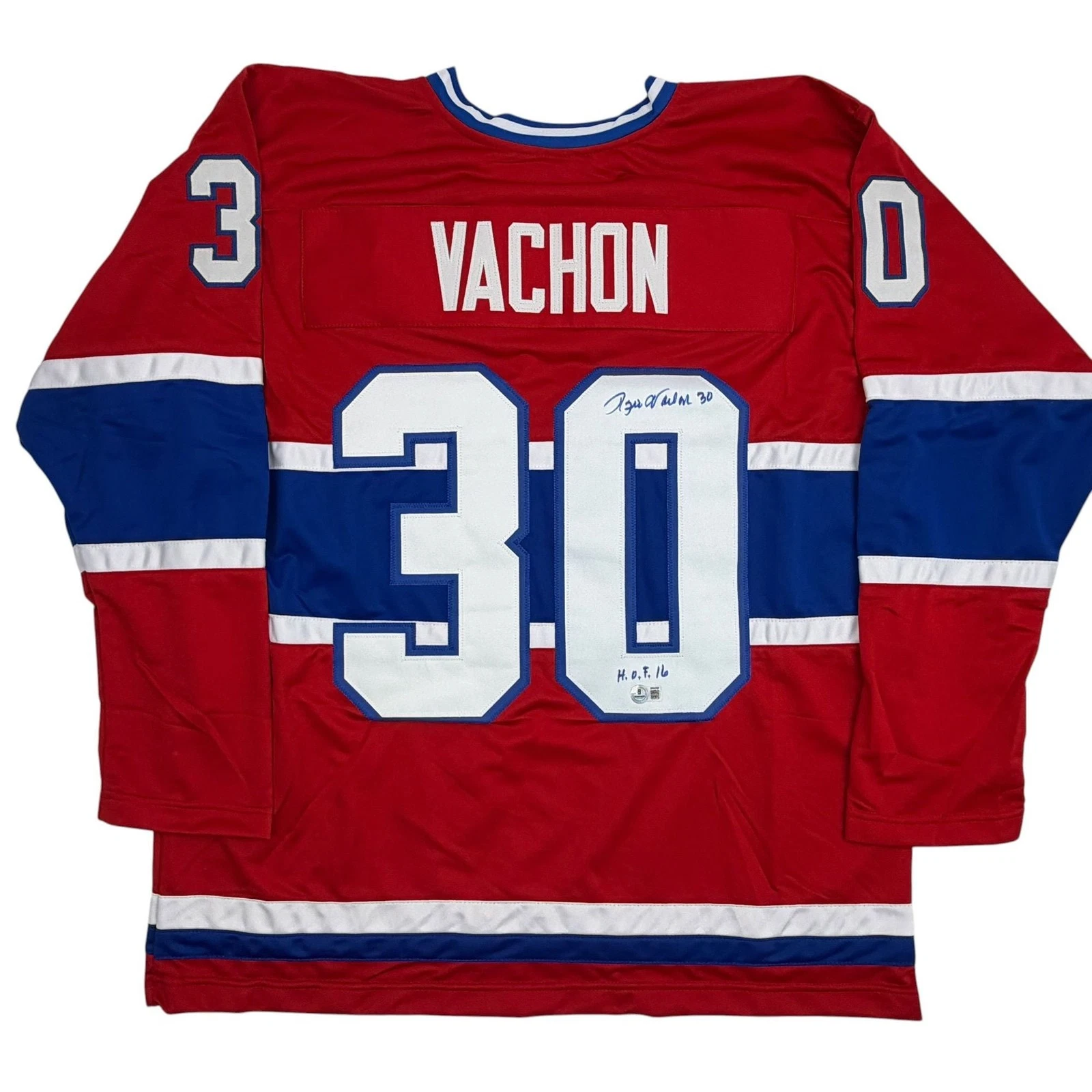 Autographed/Signed Rogie Vachon Montreal Red Hockey Jersey Beckett BAS COA